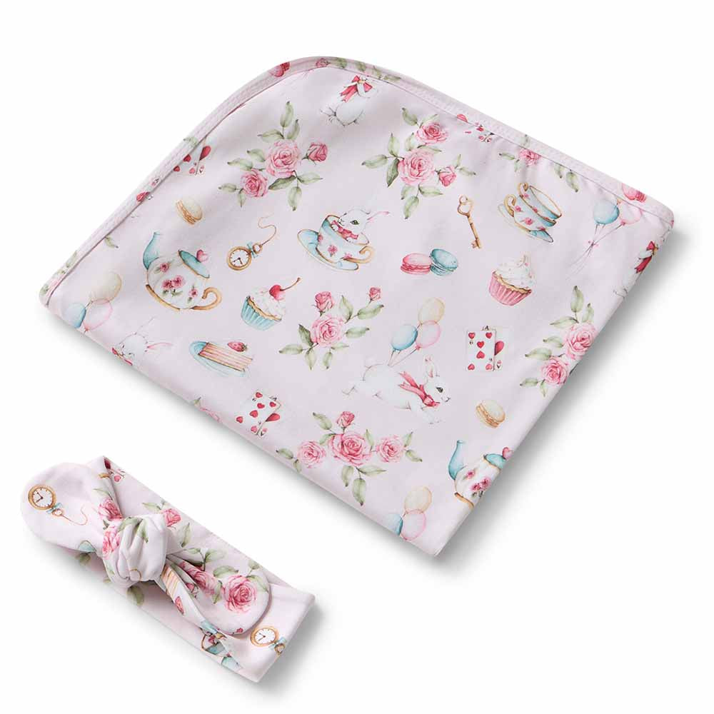 Alice’s Tea Party Organic Jersey Wrap & Topknot set