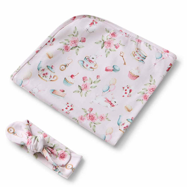 Alice’s Tea Party Organic Jersey Wrap & Topknot set