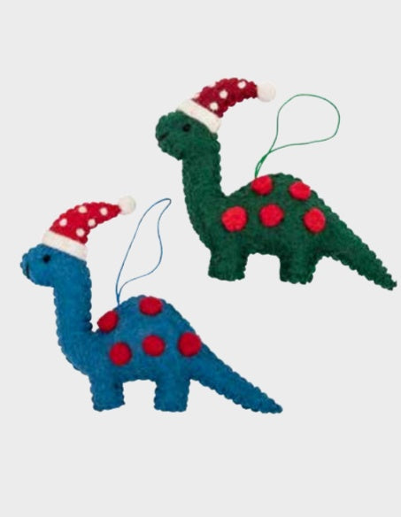 Pashom hanging dinosaur in Christmas hat
