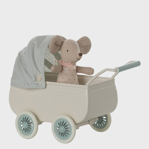 Maileg Pram with baby mouse mint