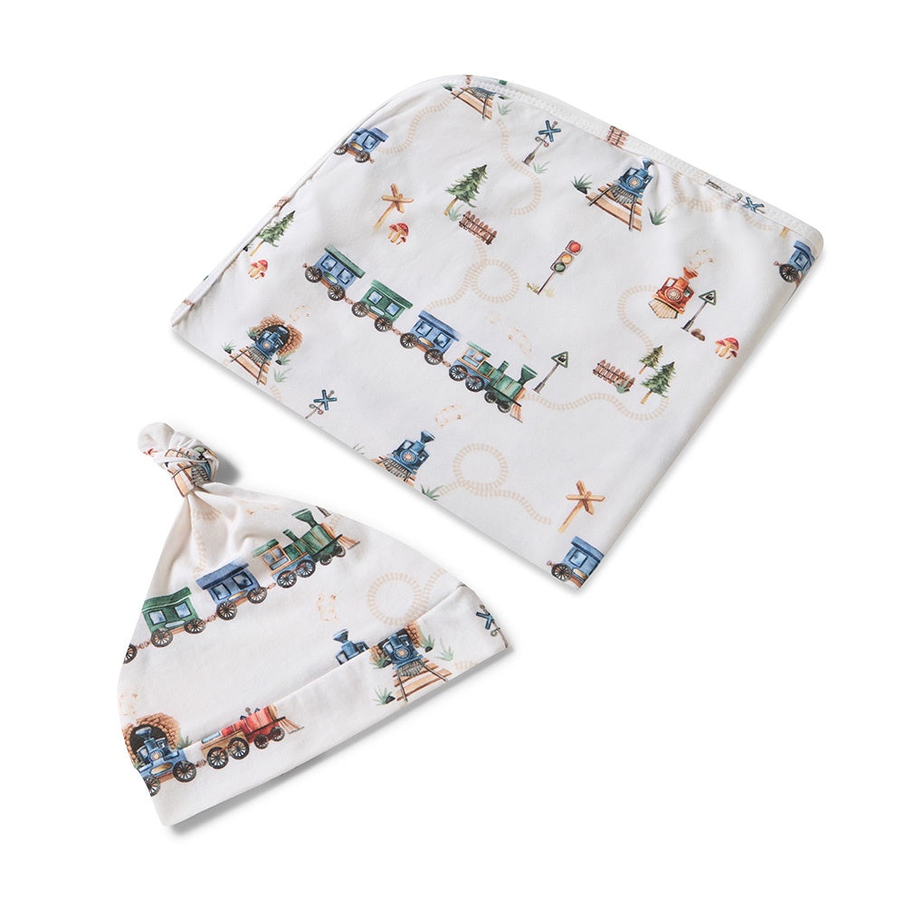 Trains Organic Jersey Wrap & Beanie Set