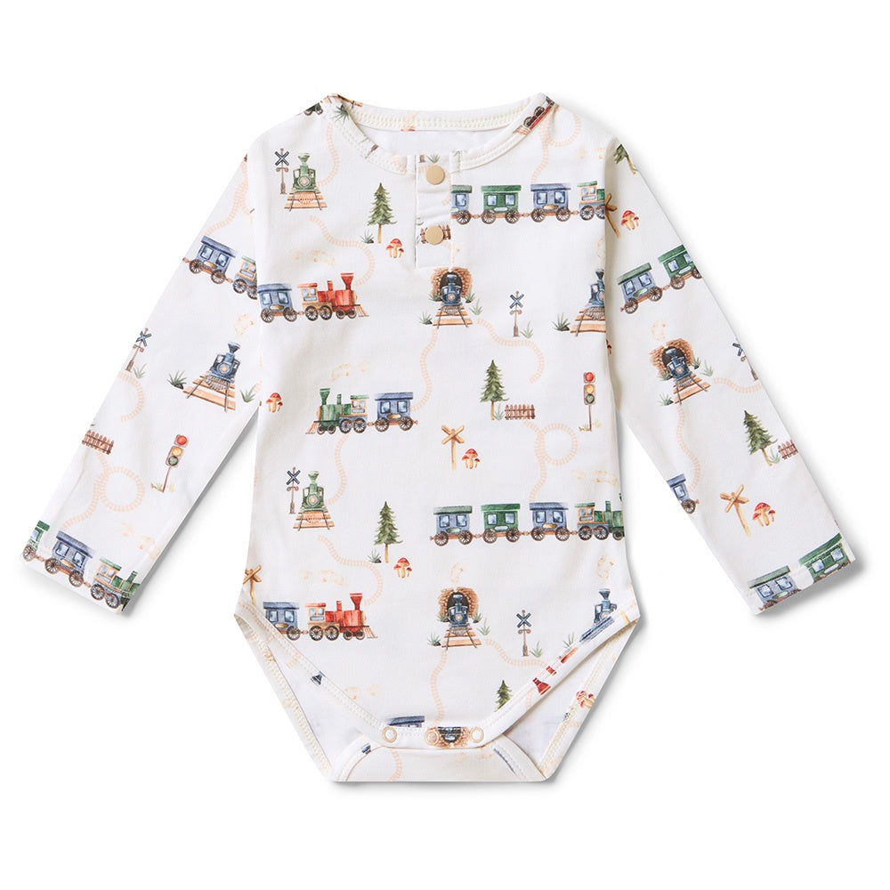 Trains Long Sleeved Organic Bodysuit