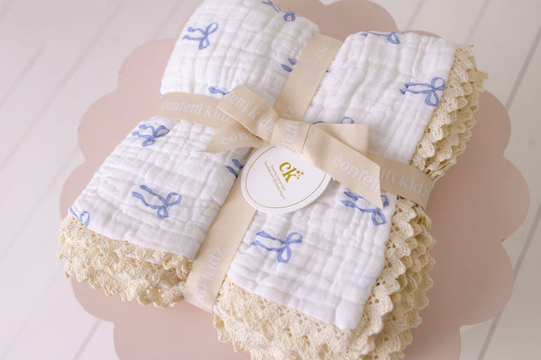 Confetti Kidz Muslin Blanket with lace trim- blue bows