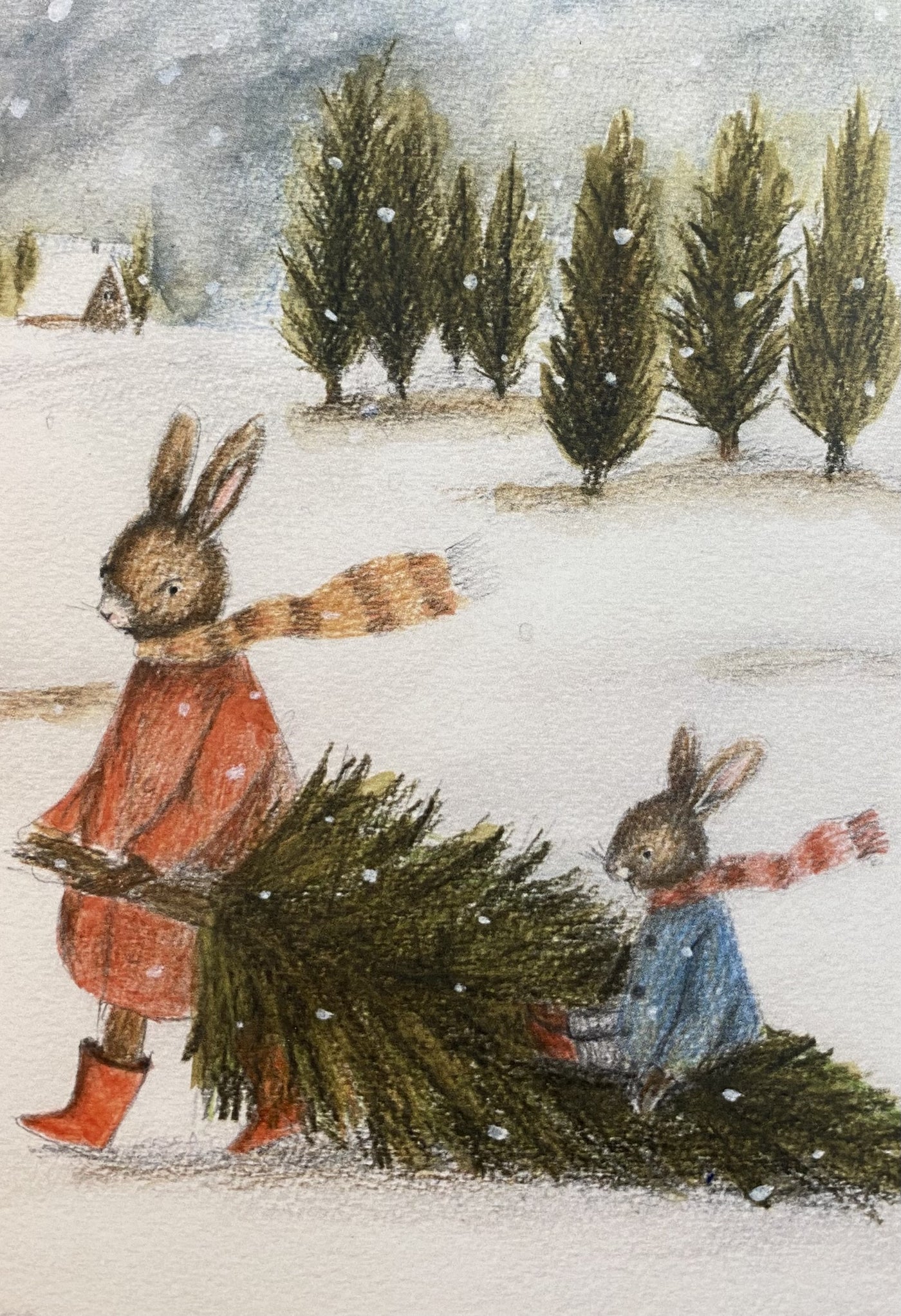 Michelle Pleasance Christmas card tree and rabbits