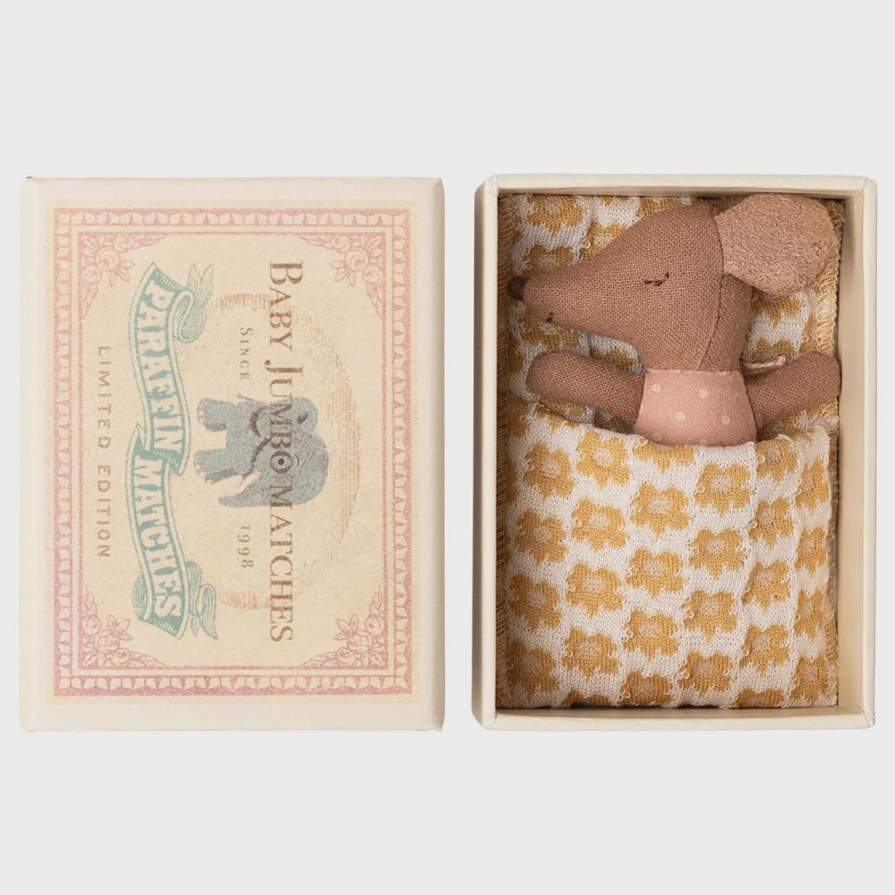 Maileg Sleepy Wakey Baby Mouse in Matchbox Rose