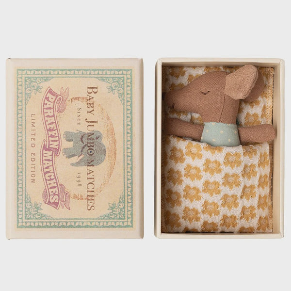 Maileg Sleepy Wakey Baby mouse in Matchbox Blue