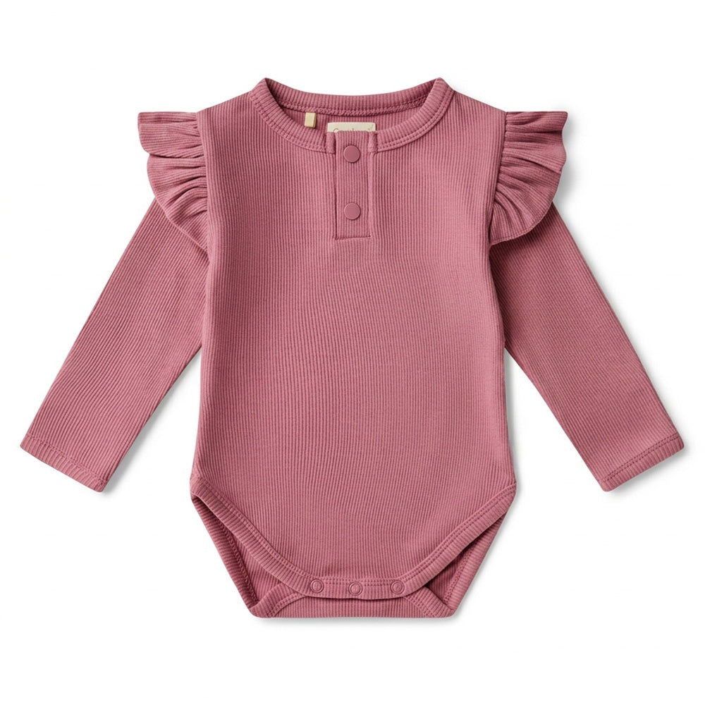 Jewel Pink Rib Long Sleeved Organic Bodysuit with Frill