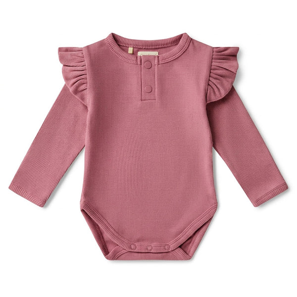 Jewel Pink Rib Long Sleeved Organic Bodysuit with Frill