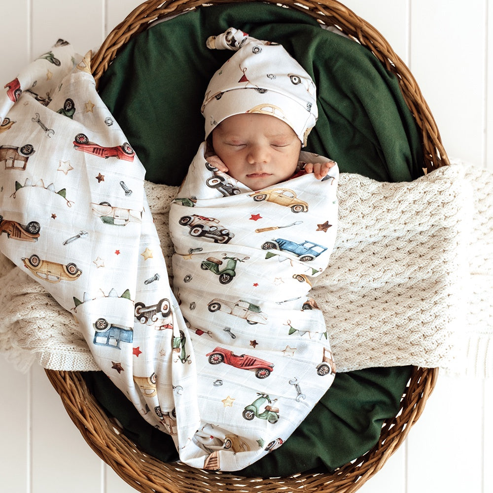 Vintage Cars Organic Wrap & Beanie set