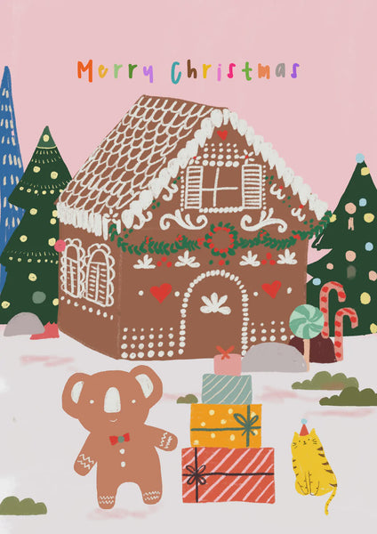 Suki McMaster Christmas card koala gingerbread house