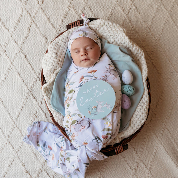 Easter Bilby Organic Jersey Wrap and Beanie set+ milestone card